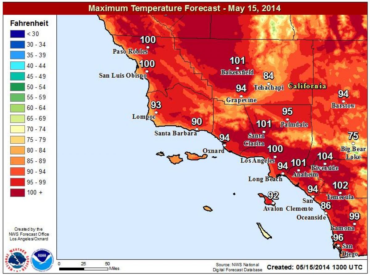 Los Angeles temperatura mapa Mapa de Los Angeles temperatura
